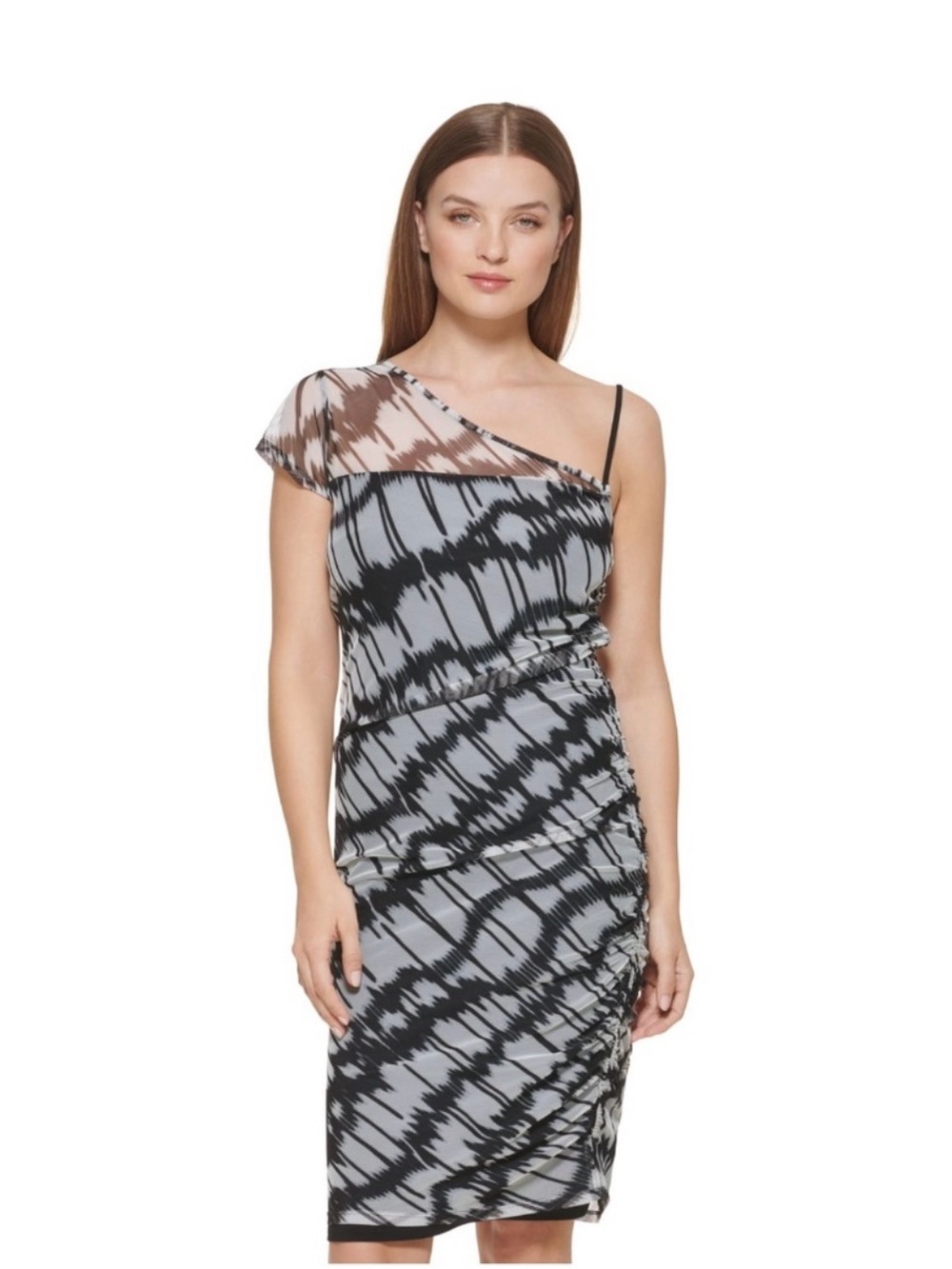 DKNY One-Shoulder Ruched Midi Dress in Black and Brown-Taupe Print